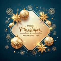 Elegant Merry Christmas & Happy New Year greeting with golden ornaments and sparkling snowflakes for festive designs