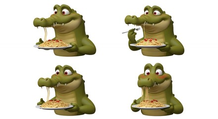Funny cartoon crocodile eating spaghetti