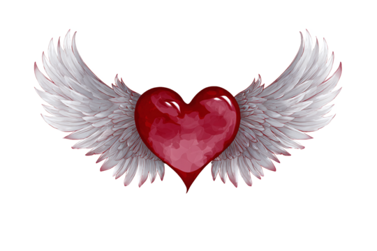 Red heart with white wings, isolated on white transparent background - Powered by Adobe