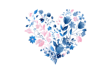 Elegant Blue and Pink Floral Heart, isolated on white transparent background