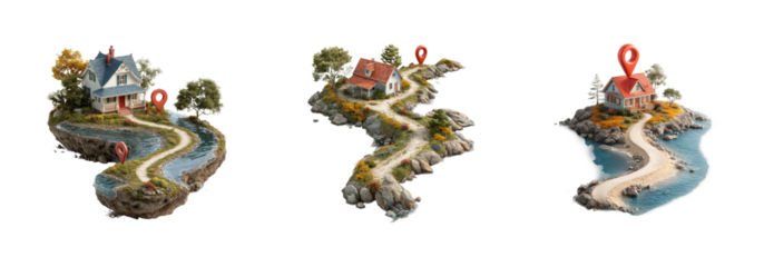 Charming houses on scenic path coastal area vibrant landscape, isolated on transparent background, png set