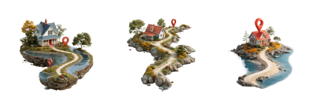 Charming houses on scenic path coastal area vibrant landscape, isolated on transparent background, png set