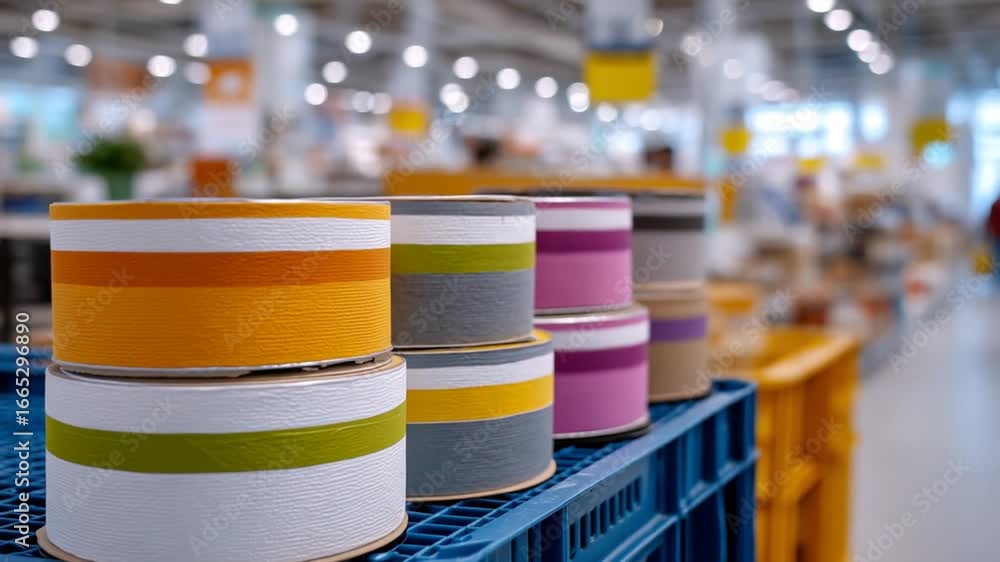 Poster vibrant painter's tape rolls with colored edges stacked in a hardware store display.