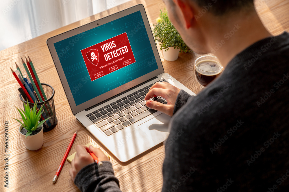 Poster virus warning alert on computer screen detected modish cyber threat , hacker, computer virus and mal