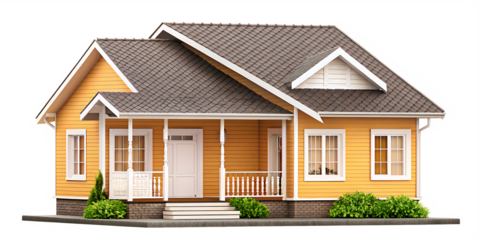 Yellow bungalow house with gray roof isolated on a transparent background