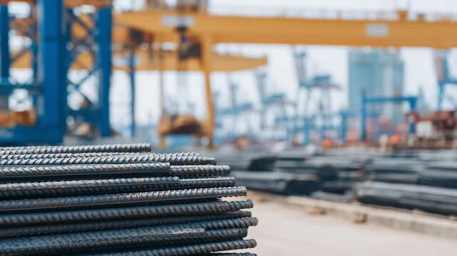 Close-up of rust-free steel rebars with ribbed texture, ideal for construction frameworks.
