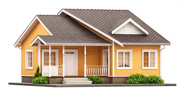 Yellow bungalow house with gray roof isolated on a transparent background