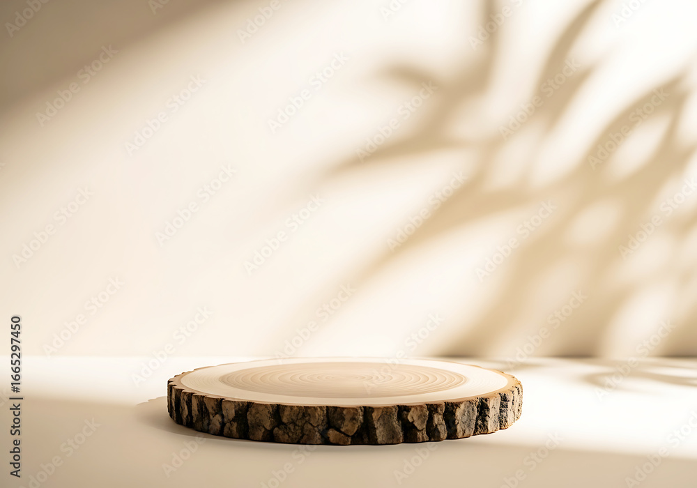 Poster natural wood slice with bark texture, displayed on a neutral surface with soft light and leaf shadow