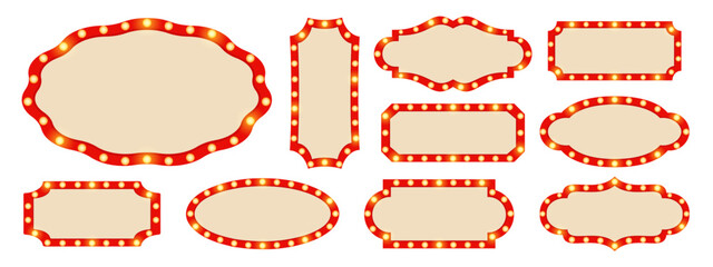 Retro lightbox frames set. Cinema casino club circus sign or theatre billboard. Vintage glowing bulb banner. Show light frame border in cartoon style. Vector EPS 10