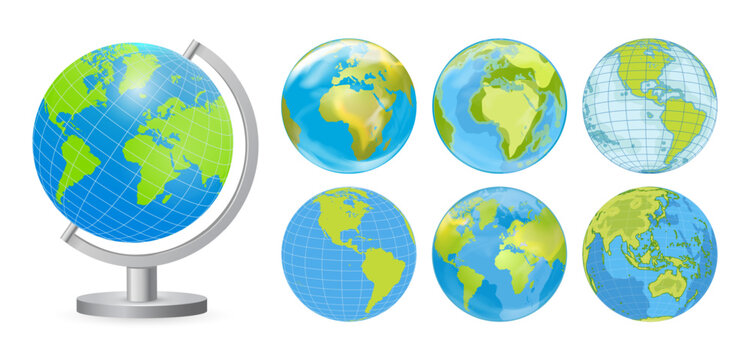 School globus icon. World globe on silver stand. Earth planet map collection. Vector illustration