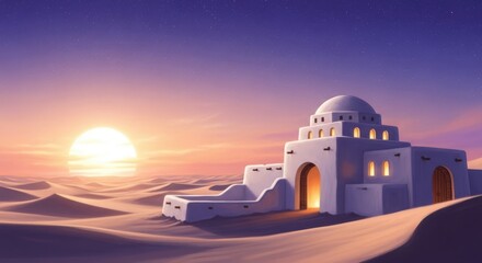 Obraz premium Desert Oasis Sunset Architecture Illustration
