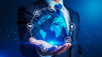Businessman presents global business strategy with digital icons for growth and innovation