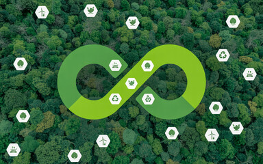Sustainable eco-friendly cycle with green energy icons and lush forest backdrop
