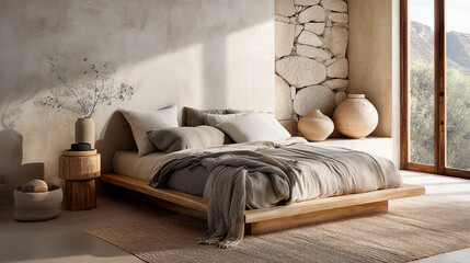 Neutral Bedroom with Low Platform Bed | Textured Walls & Natural Materials PNG | Calming Modern Bedroom Illustration