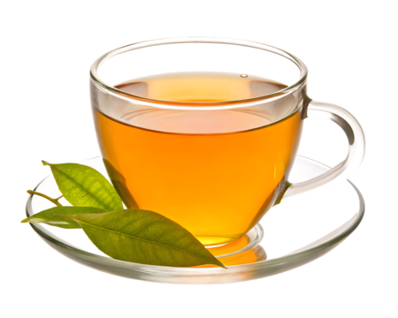 Amber tea in glass cup with leaves isolated on a transparent background