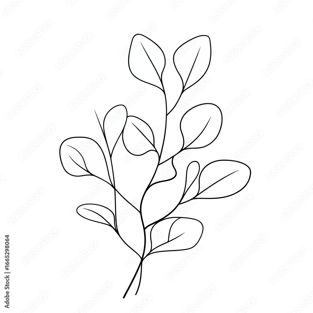 Aufkleber minimalist continuous line art eucalyptus branch with multiple simple rounded leaves in black outlin