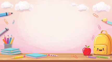 A bright, kawaii back-to-school background with pastel sky, smiling pencils, happy backpack, and cute school supplies framing clear copy space. Perfect for banners, posters, or kids’ graphics.