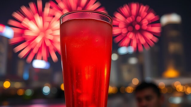 Vibrant fireworks reflected in a chilled Bandung drink, celebrating Singapore National Day with festive lights.
