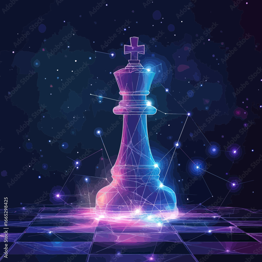 Aufkleber abstract polygonal king chess piece with glowing low poly wireframe on futuristic digital chessboard
