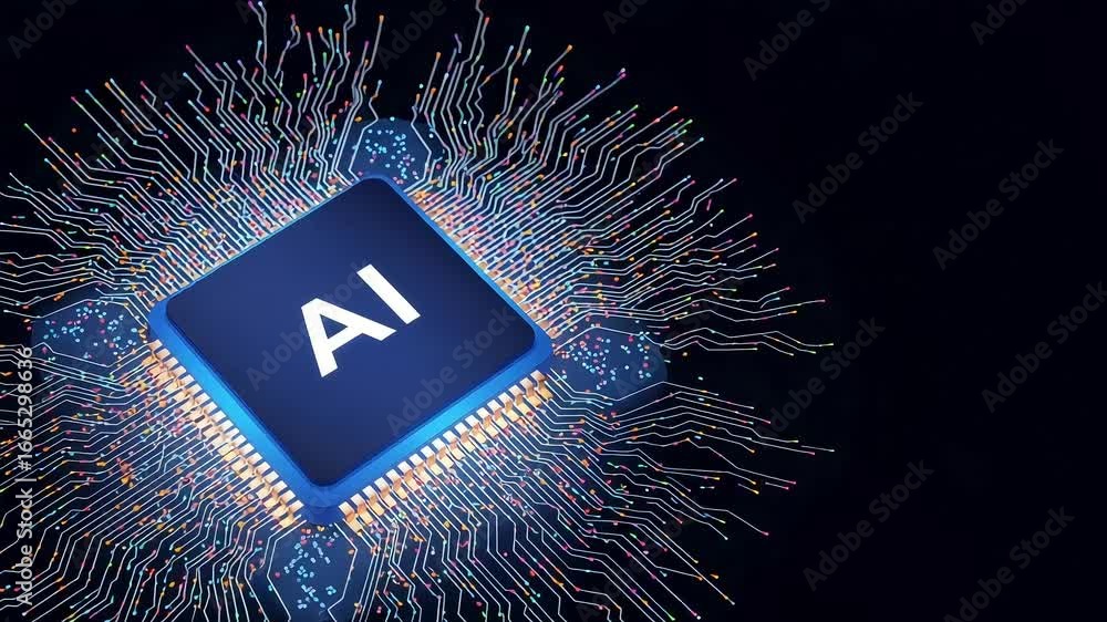 Poster central ai processor chip with glowing circuits and connections, symbolizing artificial intelligence