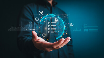 Businessman presenting global compliance concept with futuristic interface, data security and analysis