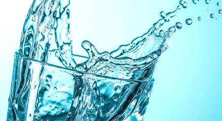 A dynamic splash of clear, pure water erupting from a glass, creating an energetic and refreshing abstract with blue and aqua tones, symbolizing hydration and vitality
