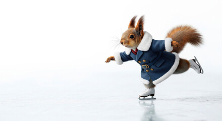 A squirrel in a blue coat is skating. Space for text.