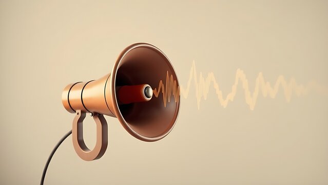 Vintage megaphone with abstract sound wave visualization in a 3D render style.