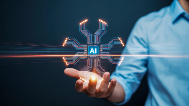 Man holding glowing AI circuit board representing artificial intelligence and future technology