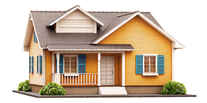 Yellow bungalow with blue shutters isolated on a transparent background