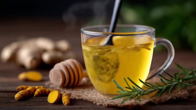 A steaming glass of golden herbal tea with ginger, mint, and rosemary, surrounded by turmeric and honey.