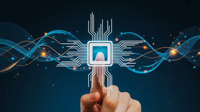 Modern technology innovation with finger touching circuit board, future digital concept