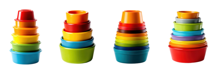 Vibrant stacking bowls display kitchen product colorful design, isolated on transparent background, png set