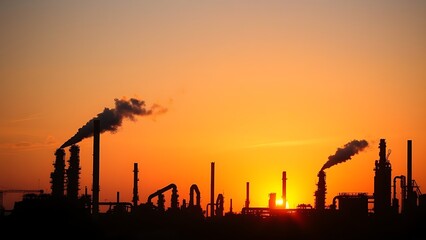 Industrial refinery silhouette at sunset with steam plumes against a dramatic gradient sky.