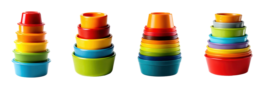Vibrant stacking bowls display kitchen product colorful design, isolated on transparent background, png set