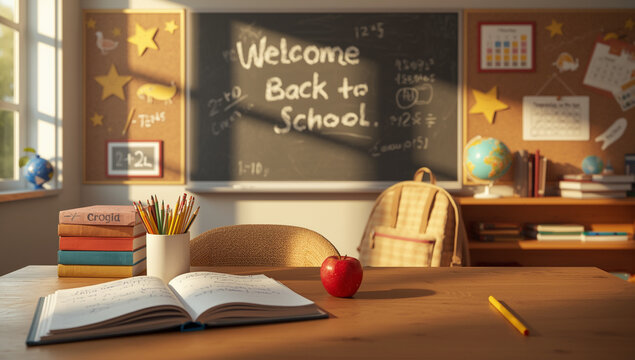 A bright, cozy classroom filled with books, chalkboard notes, globe, and school supplies, glowing in warm sunlight. Perfect back-to-school setting with vibrant, welcoming details.