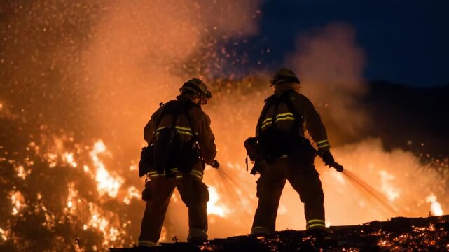 Brave firefighters battle a rooftop blaze under a dark sky, their gear illuminated by flames and smoke.