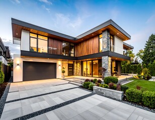A modern two-story house with a combination of white, wood, and dark gray exterior, featuring a paved driveway and landscaping.