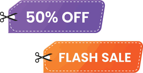 Brightly colored sale tags announcing 50% off and flash sale with cut lines