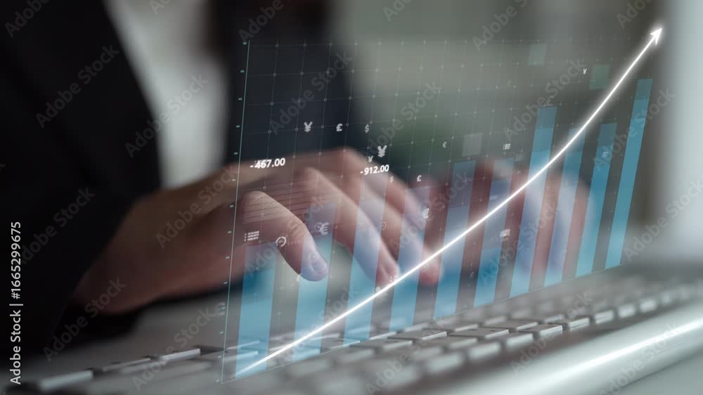 Poster a professional business analyst works on a keyboard, examining statistical data and graphs that depi