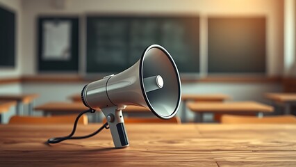 A megaphone sits on a wooden surface, with a softly blurred classroom in the background.