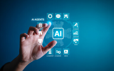 Human hand interacts with futuristic AI agents interface, exploring digital innovation and smart technology