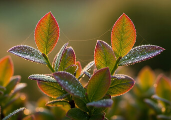 Macro photography of dew-covered blueberry leaves glistening in morning sun, organic plant detail with water droplets on green foliage, fresh and healthy natural background, 