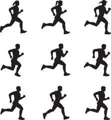 Silhouettes of Diverse Runners in Motion on a White Background