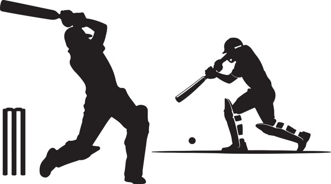 Silhouette of two cricket players in action with wickets and ball