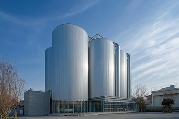 Exterior view of an industrial plant featuring cylindrical metal tanks under the blue sky