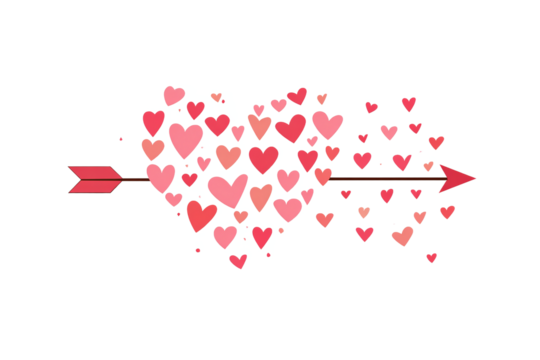 Romantic arrow with pink and red hearts, isolated on white transparent background