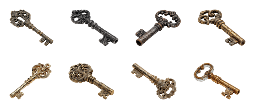 Intriguing vintage keys display antique collection curiosity, isolated on transparent background, png set