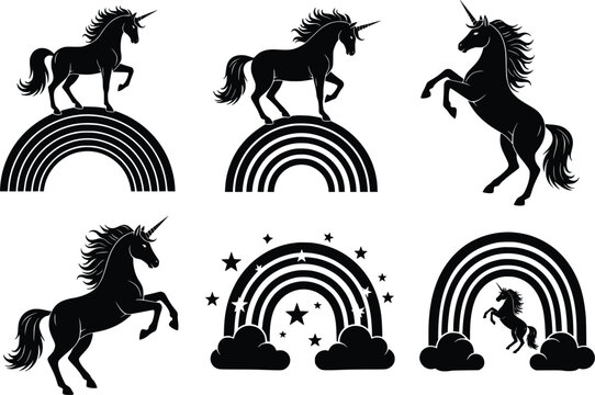 Magical unicorn silhouettes set featuring rainbows stars and clouds for enchanting fantasy designs - Powered by Adobe