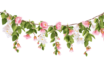Pink and White Floral Garland Border, isolated on white transparent background